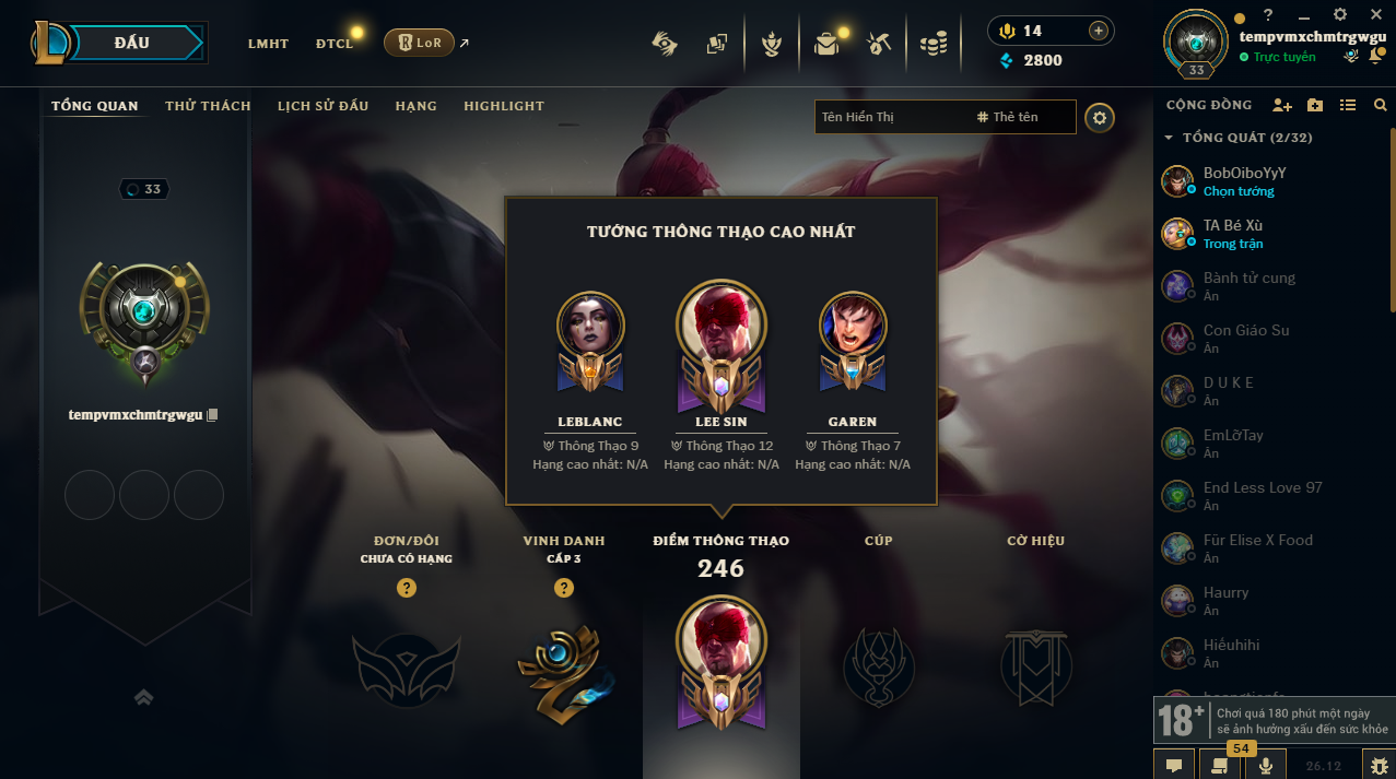 Acc LMHT #Trắng Thông Tin 100% - Unrank All mùa - Không Khung