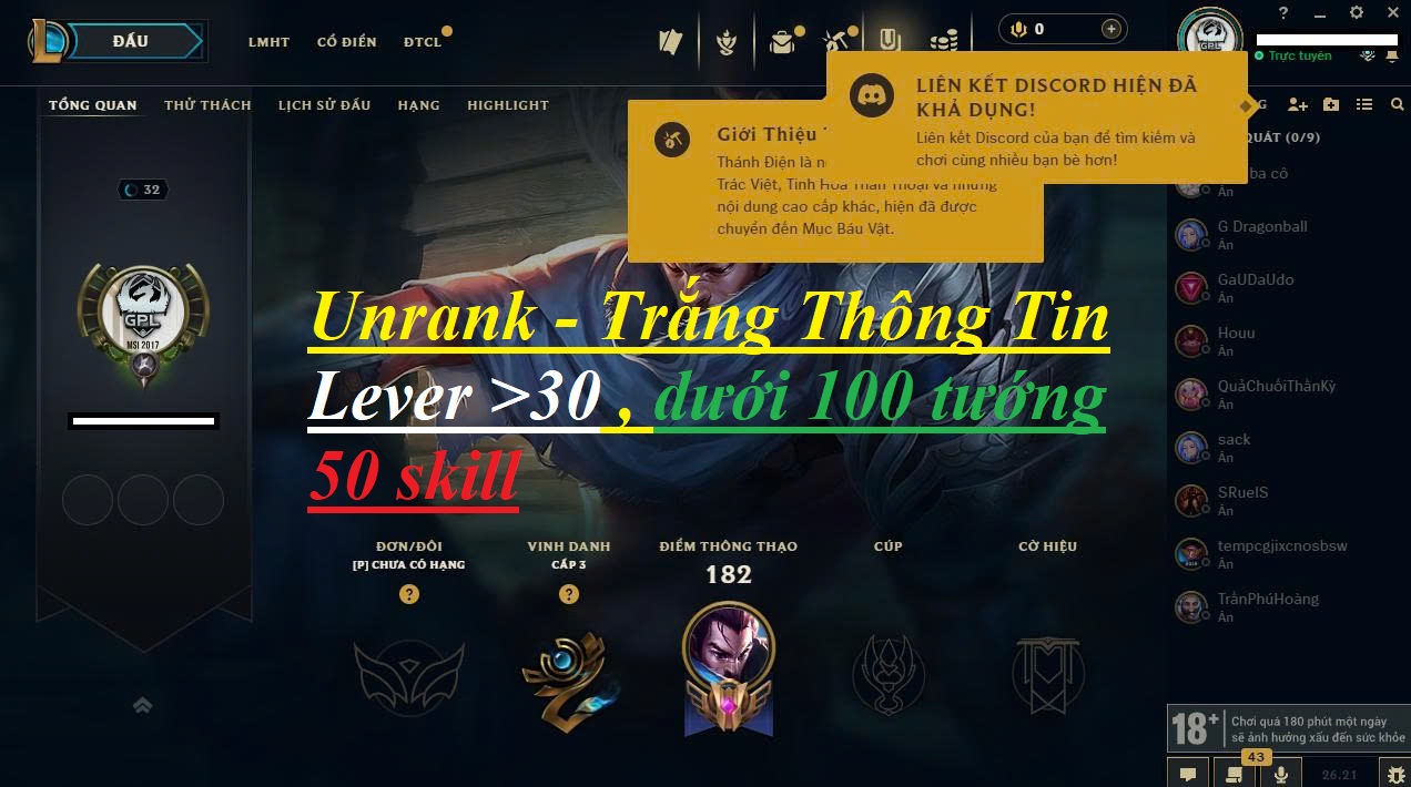 Acc LMHT #Trắng Thông Tin 100% - Unrank All mùa - Không Khung
